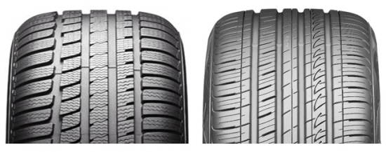 금호타이어에서 출시하는 겨울용 타이어 중 최고급 제품인 윈터크래프트 KW27(좌). 사계절용 타이어(우)에 비해 깊은 블록 형태의 패턴과 커프, 그리고 배수를 위한 넓은 그루브(Groove: 홈)를 지닌 것이 특징이다. ⓒ 금호타이어