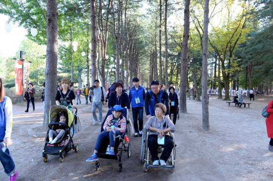 여행도우미로 나선 현대모비스 임직원들이 장애아동 가족들과 함께 남이섬 일대를 산책하고 있다. ⓒ 현대모비스