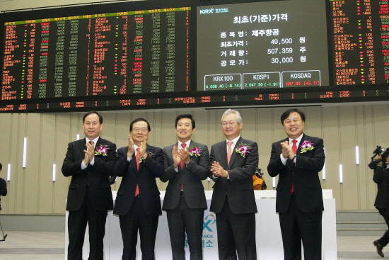 왼쪽부터 한국거래소 김병률 상무, 한국거래소 최경수 이사장, 제주항공 최규남 대표이사, NH투자증권 정영채 IB사업부 대표, 상장회사협의회 김진규 부회장. ⓒ 제주항공