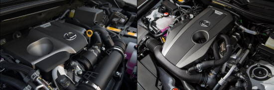 렉서스가 새롭게 개발한 2.0L 가솔린 터보 엔진이 탑재된 모습. 왼쪽이 NX200t이며, 오른쪽이 IS200t. ⓒ 렉서스