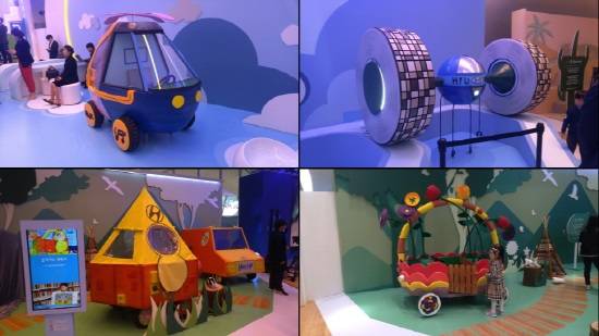 '지구를 아름답게 만드는 상상 자동차'라는 주제로 준비된 키즈 모터쇼는 총 5개 부제로 나눠 어린이 상상력과 아이디어가 가득 담긴 전시물과 체험코너가 준비됐다. (왼쪽 윗줄 시계방향)노래를 부르면 그 에너지로 프로펠러를 돌려 하늘을 나는 자동차, 하늘 길을 달리는 자동차, 동물과 곤충을 부르는 꽃향기 나는 자동차, 어디서나 캠핑을 할 수 있는 캠핑 텐트 자동차. ⓒ 프라임경제