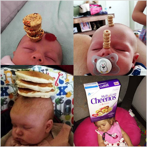 최근 미국 아빠들 사이에서 대유행한 일명 '치리오 챌린지(Cheerios Challenge)' 사진들. 잠든 아기에게 치리오(시리얼의 일종)를 몇개까지 쌓아올릴 수 있는지를 SNS 상에 인증해 겨루는 것으로 경쟁심에 불타오른 아빠들의 도전작이 쏟아졌다. ⓒ 인터넷 커뮤니티 갈무리
