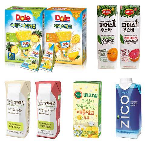(왼쪽부터 시계방향)돌코리아, 델몬트, 코카콜라, 정식품, 상하목장 제품 이미지컷. ⓒ 돌코리아
