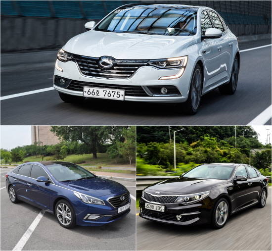 (위에서부터 시계방향으로)르노삼성 SM6, 기아차 K5, 현대차 쏘나타. ⓒ 르노삼성자동차·기아자동차·프라임경제