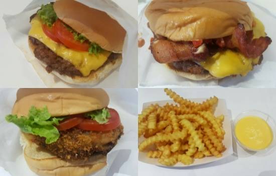 좌측부터 시계방향으로 쉑버거, 스모크쉑, 슈롬버거, 크링클 컷 프라이. 쉐이크쉑은 밀크쉐이크를 의미하는 '쉐이크(Shake)'와 작은 카트를 뜻하는 '쉑(Shack)'을 합친 이름으로, 미국의 클래식 버거 추억을 재현했다. = 하영인 기자