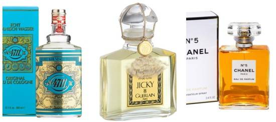 (왼쪽부터)나폴레옹의 '4711 오리지날 오 드 콜로뉴', 합성향료를 이용한 최초의 근대적 향수 '겔랑 지키', 현대 향수의 완성판이라는 평을 듣는 '샤넬 No.5'. ⓒ 각사