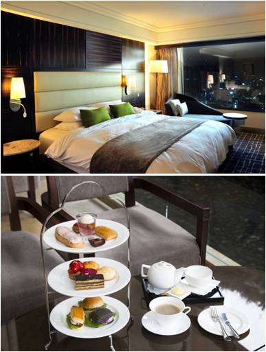 가을 휴가상품 3종 중 '스테이케이션 패키지'에 포함된 '디럭스 더블 룸'모습(위)과 호텔 42층 더라운지앤다이닝의 애프터눈 티세트(아래). ⓒ 롯데호텔부산