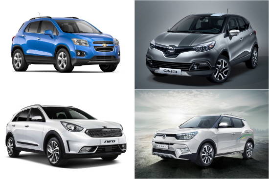 황금시장으로 불리는 소형 SUV시장에서 국내 완성차 브랜드 중 현대차만 소외된 양상이다. 사진 속 모델은 왼쪽 상단부터 시계방향으로 한국GM 트랙스, 르노삼성 QM3, 쌍용차 티볼리, 기아치 니로. ⓒ 각사