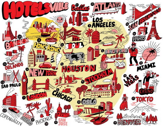 제레미빌(Jeremyville) 작품, 무료 1박을 가장 많이 사용한 도시 TOP 25. ⓒ 호텔스닷컴