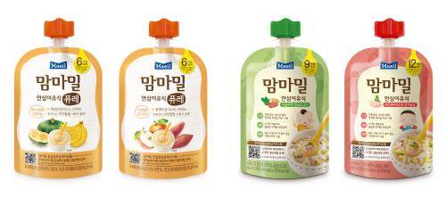 신제품 '맘마밀 안심이유식 퓨레' 2종과 '맘마밀 안심이유식' 2종. ⓒ 매일유업