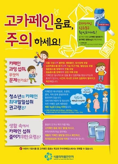 고카페인 음료를 주의해야 한다는 내용의 안내문이예요. 카페인이 얼마나 들었는지 꼭 확인하고 마셔야 해요. ⓒ 식품의약품안전처