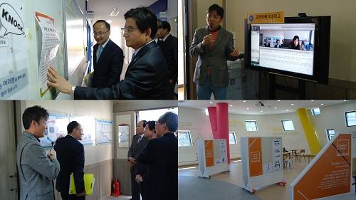 협약식을 마친 후 박인주 회장을 비롯한 제니엘 임직원들이 미래관, 장애학생지원센터 등 한국복지대학교 기관을 둘러보고 있다. = 박지혜 기자