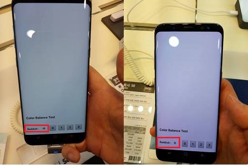 삼성 서비스센터 내 모바일스토어에 비치된 갤럭시S8. 기존 직원들이 설정해 둔 -6의 기기(왼쪽)는 하얀 화면을 보인 반면, 설정 값을 빼자 급격히 붉어지는 불량품인 것을 확인할 수 있었다. ⓒ 프라임경제