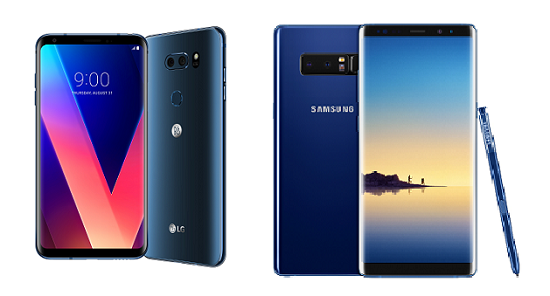 LG전자 하반기 전략 스마트폰 V30(왼쪽)과 삼성전자 갤럭시노트8(오른쪽). ⓒ 각사