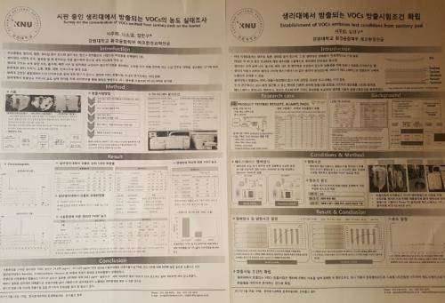 김만구 교수 측이 제공한 '시판 중인 생리대에서 방출되는 VOCs의 농도 실태조사' '생리대에서 방출되는 VOCs 방출시험조건 확립' 데이터. = 하영인 기자