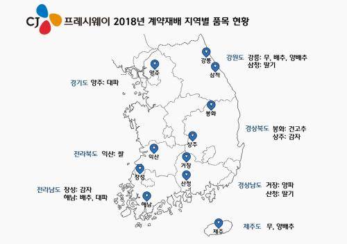 CJ프레시웨이 2018년 계약재배 지역별 품목 현황. ⓒ CJ프레시웨이