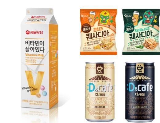 서울우유 비타민이 살아있다, 아워홈 혼술& 콘치즈 퀘사디아 2종, 동아오츠카 디앤카페 2종. ⓒ 각 사