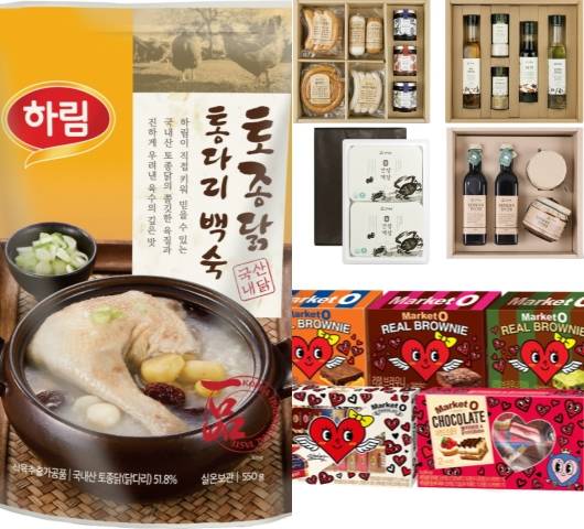 하림 토종닭 통다리 백숙, 상하농원 설 선물세트, 오리온 마켓오 해피하트 컬렉션. ⓒ 각 사