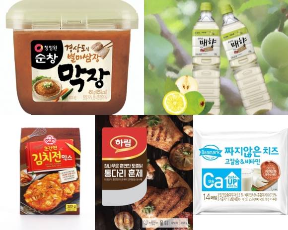 대상 순창 막장, CJ프레시웨이 매향, 오뚜기 초간편 김치전 믹스, 하림 토종닭 통다리 훈제, 동원F&B 덴마크 짜지않은치즈 고칼슘&비타민. ⓒ 각 사