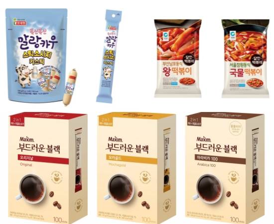 롯데푸드 키스틱 말랑카우 롱스틱형, 대상 청정원 달인떡볶이, 동서식품 맥심 부드러운 블랙 이미지컷. ⓒ 각 사