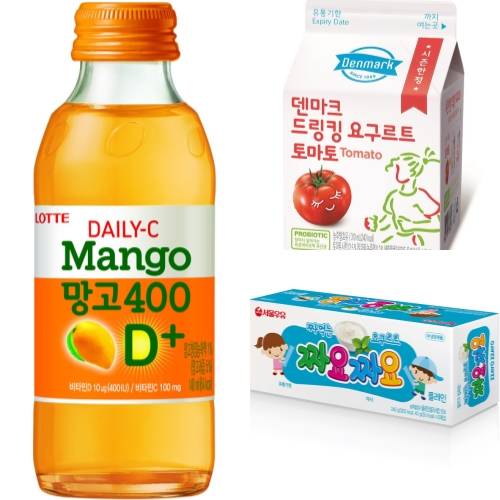 롯데칠성음료 데일리C 망고400D+, 동원F&B 덴마크 드링킹 요구르트 토마토, 서울우유협동조합 짜요짜요 플레인. ⓒ 각 사
