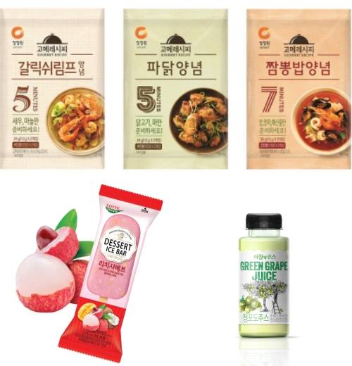 대상 청정원 고메레시피 3종, 롯데푸드 디저트 아이스바 리치샤베트, 서울우유협동조합 아침에주스 청포도 이미지컷. ⓒ 각 사