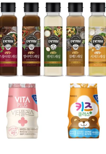 신세계푸드 베누 드레싱 5종, 한국야쿠르트 프로바이오틱스 야산균 발효유 2종. ⓒ 각 사