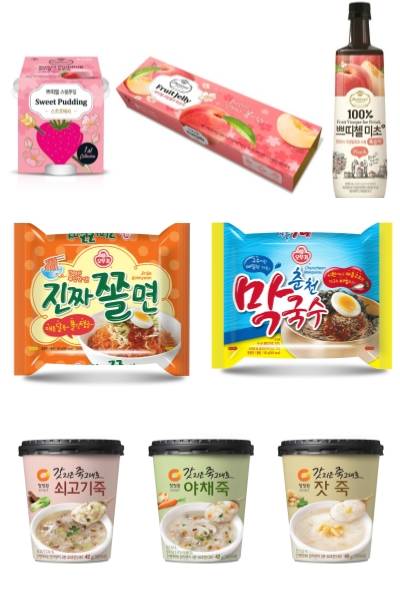 CJ제일제당 쁘띠첼 3종, 오뚜기 진짜쫄면·춘천막국수, 대상 청정원 컵죽 3종. ⓒ 각 사
