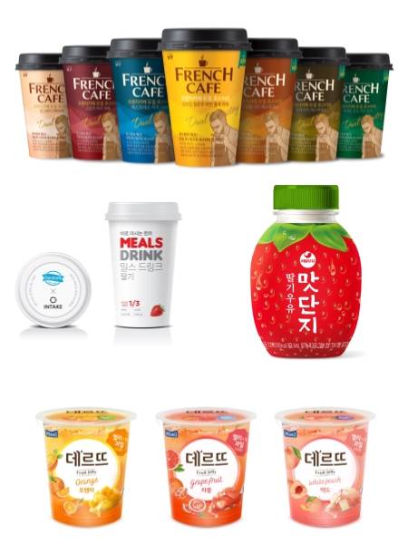 남양유업 프렌치카페 듀얼 로스터리, 동원F&B 밀스 드링크, 서울우유협동조합 맛단지 딸기우유, 매일유업 데르뜨 3종. ⓒ 각 사