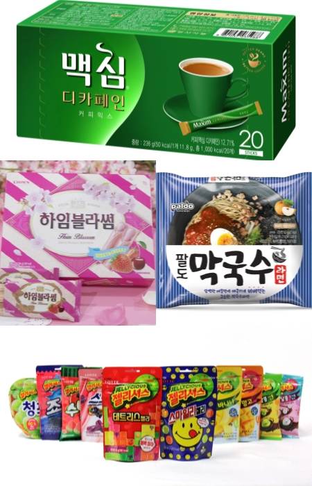 동서식식품 맥심 디카페인 커피믹스, 크라운제과 크라임 하임블라썸, 팔도 막국수 라면, 롯데제과 젤리셔스. ⓒ 각 사