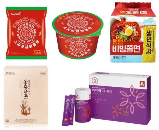 삼양식품 스리라차볶음면·부셔먹는 라면 스낵 스리라차, 풀무원 생면식감 탱탱 비빔쫄면, 풀무원로하스 동총하초 프라임, KGC인삼공사 화애락 이너제틱. ⓒ 각 사