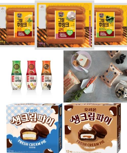 CJ제일제당 백설 그릴후랑크·해찬들 장류 3종, 오리온 마켓오 디저트·생크림 파이 2종 이미지컷. ⓒ 각 사