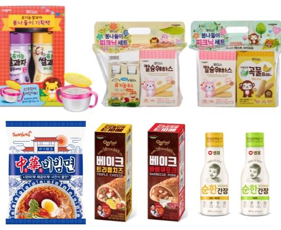 일동후디스 봄나들이 유아간식 기획세트 3종, 삼양식품 중화비빔면, 롯데푸드 쉐푸드 베이크 2종, 샘표 우리아이 순한 간장 2종 이미지컷. ⓒ 각 사