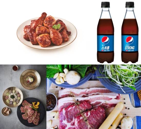 굽네치킨 굽네 스윗 볼케이노, 롯데칠성음료 펩시 스트롱, 경복궁 광양식 한우등심, BBQ 바베큐 2인 세트 이미지컷. ⓒ 각 사