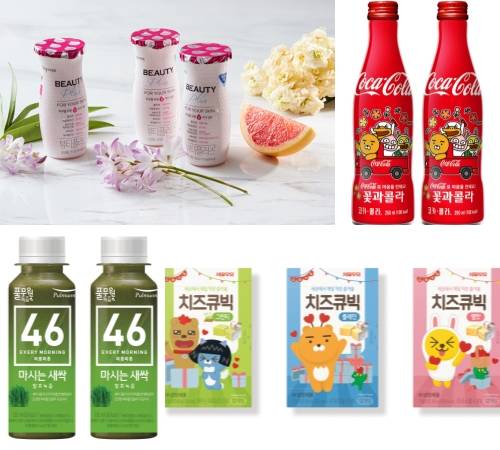 한국야쿠르트 뷰티플러스, 코카콜라 컨투어 보틀, 풀무원녹즙 마시는 새싹, 서울우유협동조합 치즈큐빅 3종. ⓒ 각 사