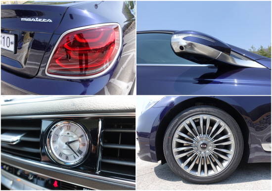 THE K9은 트림명을 차별화된 자형으로 후측에 부착한 것을 비롯해 램프 주변에 메탈릭 베젤을 적용했다. 아울러 스위스 명품 시계 브랜드와 협업해 고급감을 강조한 아날로그 시계를 탑재했다. = 노병우 기자