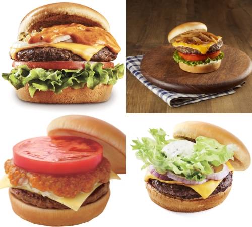 왼쪽부터 시계방향으로 모스BBQ치즈버거, 와규치즈버거, 아이올리치즈버거, 모스치즈버거 이미지컷. ⓒ 모스버거코리아