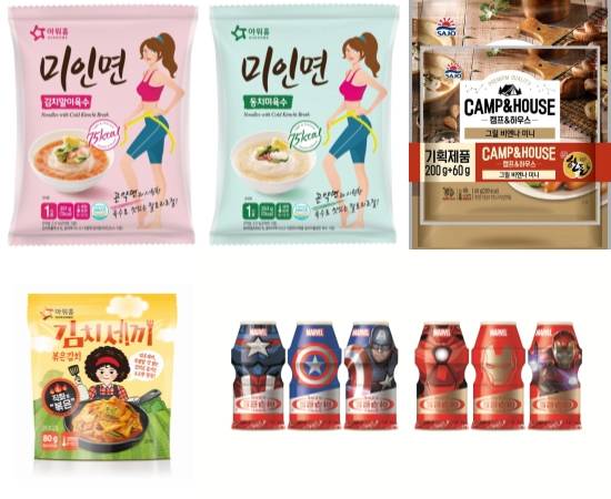 아워홈 미인면 파우치, 사조대림 캠프&하우스 그릴비엔나 미니, 아워홈 김치세끼 볶은김치, 한국야쿠르트 얼려먹는 야쿠르트 어벤져스 이미지컷. ⓒ 각 사