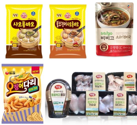 오뚜기 딤섬 샤오롱바오, CJ제일제당 비비고 소고기장터국, 농심 오징어다리 달달구이, 하림 그리너스 제품 이미지컷. ⓒ 각 사