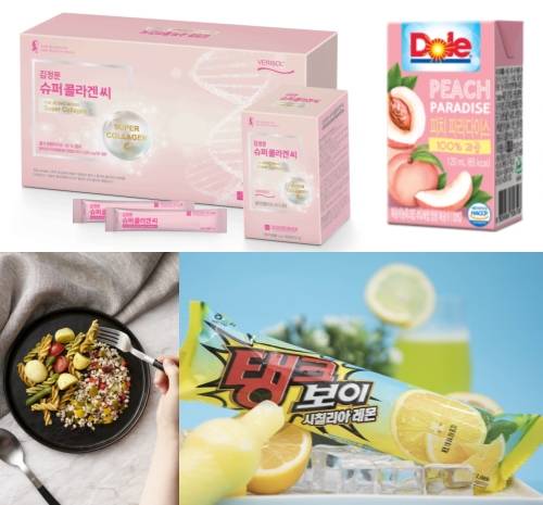 김정문알로에 김정문 슈퍼 콜라겐 씨, 돌 피치파라다이스 주스, 풀무원건강생활 알라까르떼 핏, 해태제과 탱크보이 시칠리아 레몬. ⓒ 각 사