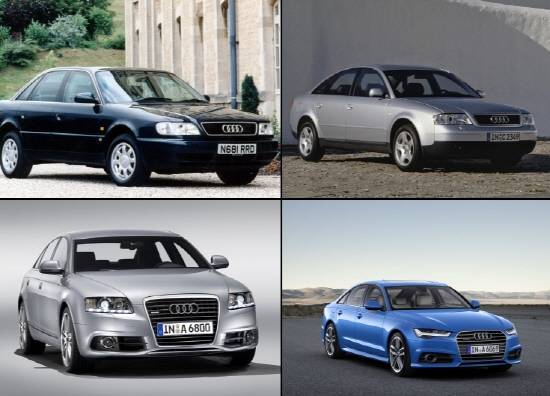 '아우디 100'이라는 이름으로 1968년 첫 등장한 아우디 A6는 현재 모델명으로 변경된 이후 8번의 진화를 거듭한 명실상부 브랜드 대표 비즈니스 프리미엄 세단이다. 사진 좌측 상단부터 시계방향으로 △아우디 100(1968년 출시) △5세대 아우디 A6(1997년) △7세대(2011년) △6세대(2004년). ⓒ 아우디코리아