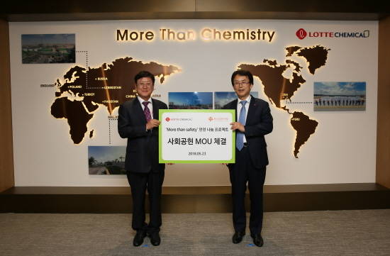 롯데케미칼은 한국소방복지재단과 함께 소방관들을 위한 'More Than Safety' 안전 나눔 프로젝트를 실시한다. (왼쪽부터) 허수탁 한국소방복지재단 이사장과 김교현 롯데케미칼 사장. ⓒ 롯데케미칼