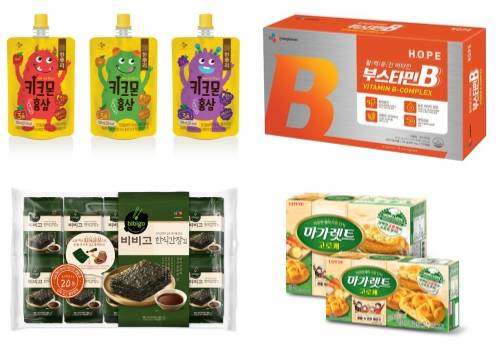 CJ제일제당 '한뿌리 키크몬 홍삼' 'H.O.P.E 부스타민 B' '비비고 한식간장김', 롯데제과 마가렛트 고로케. ⓒ 각 사