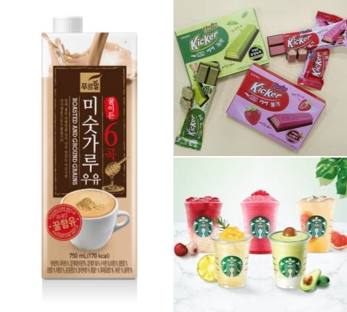 푸르밀 꿀이 든 미숫가루우유, 크라운제과 트윈키커 2종, 스타벅스 여름 음료 5종 제품 이미지컷. ⓒ 각 사