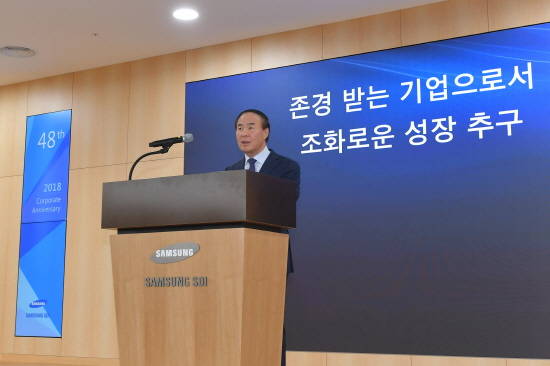 전영현 삼성SDI 사장이 6월29일 삼성SDI 기흥사업장에서 열린 창립 48주년 기념식에서 기념사를 하고 있다. ⓒ 삼성SDI