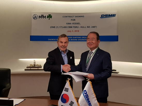 지난 3일(현지시간) 그리스에서 정성립 대우조선해양 사장(오른쪽)과 존 안젤리쿠시스 안젤리쿠시스 그룹 회장이 LNG-FSRU 건조 계약서에 서명한 뒤 악수를 하고있다. ⓒ 대우조선해양