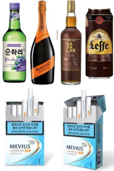 롯데주류 순하리 블루베리, 하이트진로 미오네토, 골든블루 카발란, 레떼 500㎖ 캔, JTI코리아 메비우스 LSS 윈드블루 클래식팩 에디션 제품 이미지컷. ⓒ 각 사