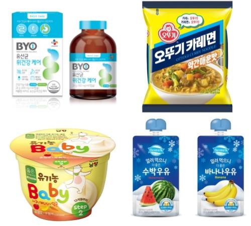 CJ제일제당 BYO 유산균 위건강 케어, 오뚜기 오뚜기카레면, 남양유업 옳은 유기농 베이지, 동원F&B 덴마크 얼려먹으니 더 좋은 우유 제품 이미지컷. ⓒ 각 사