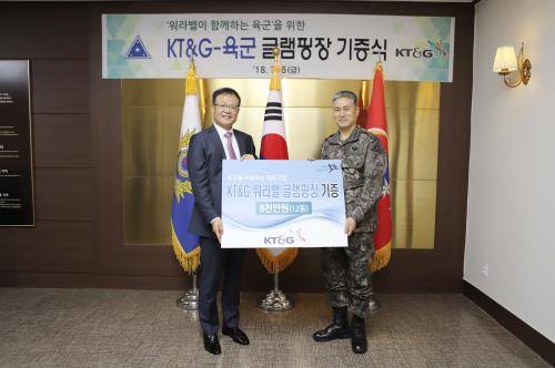 백복인 KT&G 사장(왼쪽)과 김용우 육군 참모총장(오른쪽)이 지난 6일 육군 서울사무소에서 기증식을 갖고 기념 촬영하고 있는 모습. ⓒ KT&G