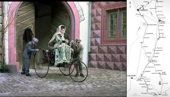 메르세데스-벤츠가 1888년 8월 인류 역사를 변화시킨 '세계 최초 장거리 주행'에 성공한 지 이달로 130주년을 맞았다. 세계 최초 장거리 주행을 떠나는 베르타 벤츠와 두 아들(좌), 베르타 벤츠가 성공한 왕복 180㎞에 이르는 세계 최초의 장거리 주행 지도(우). ⓒ 메르세데스-벤츠 코리아